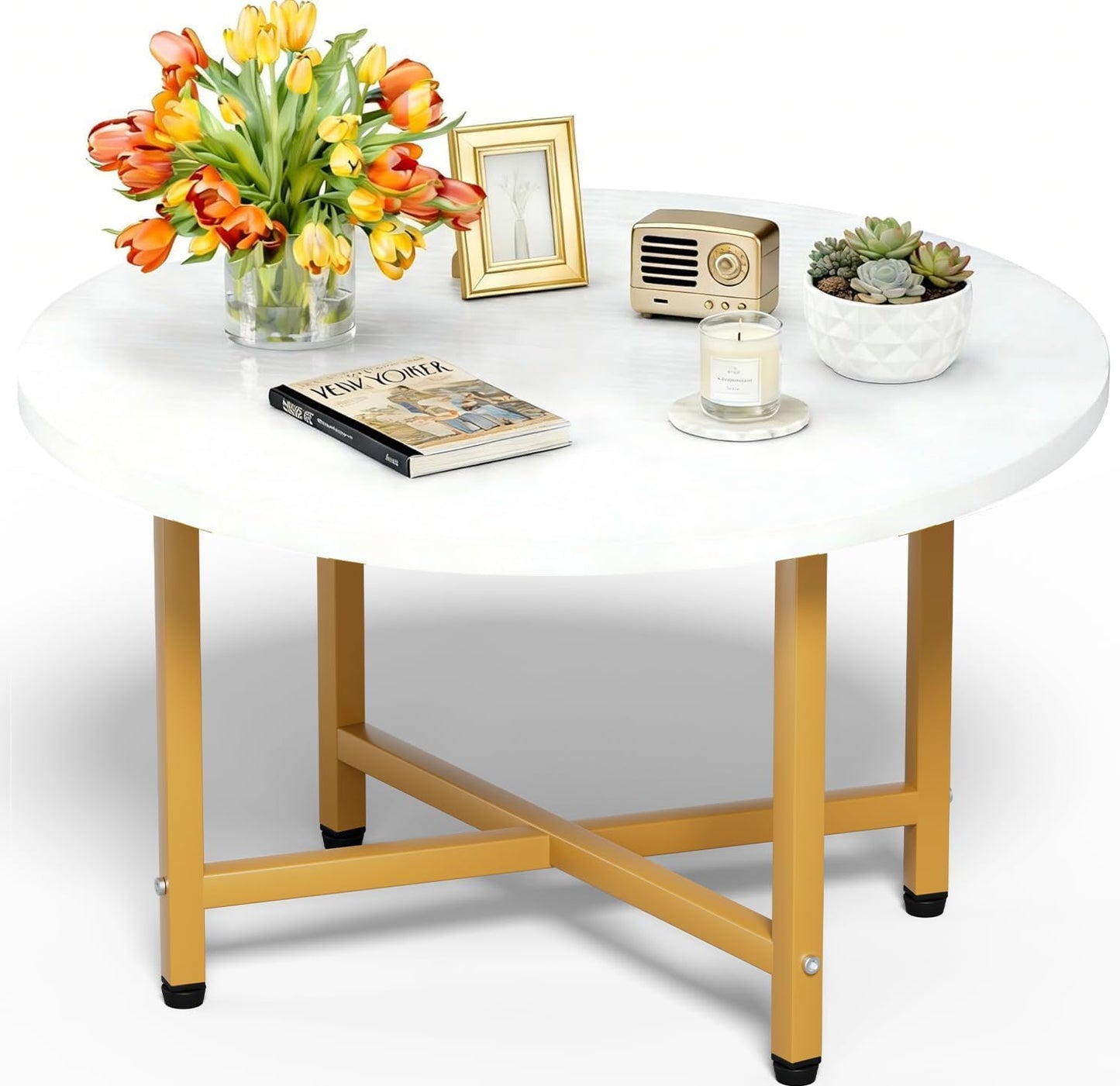 Round Coffee Table with Metal Frame for Living Room & Office