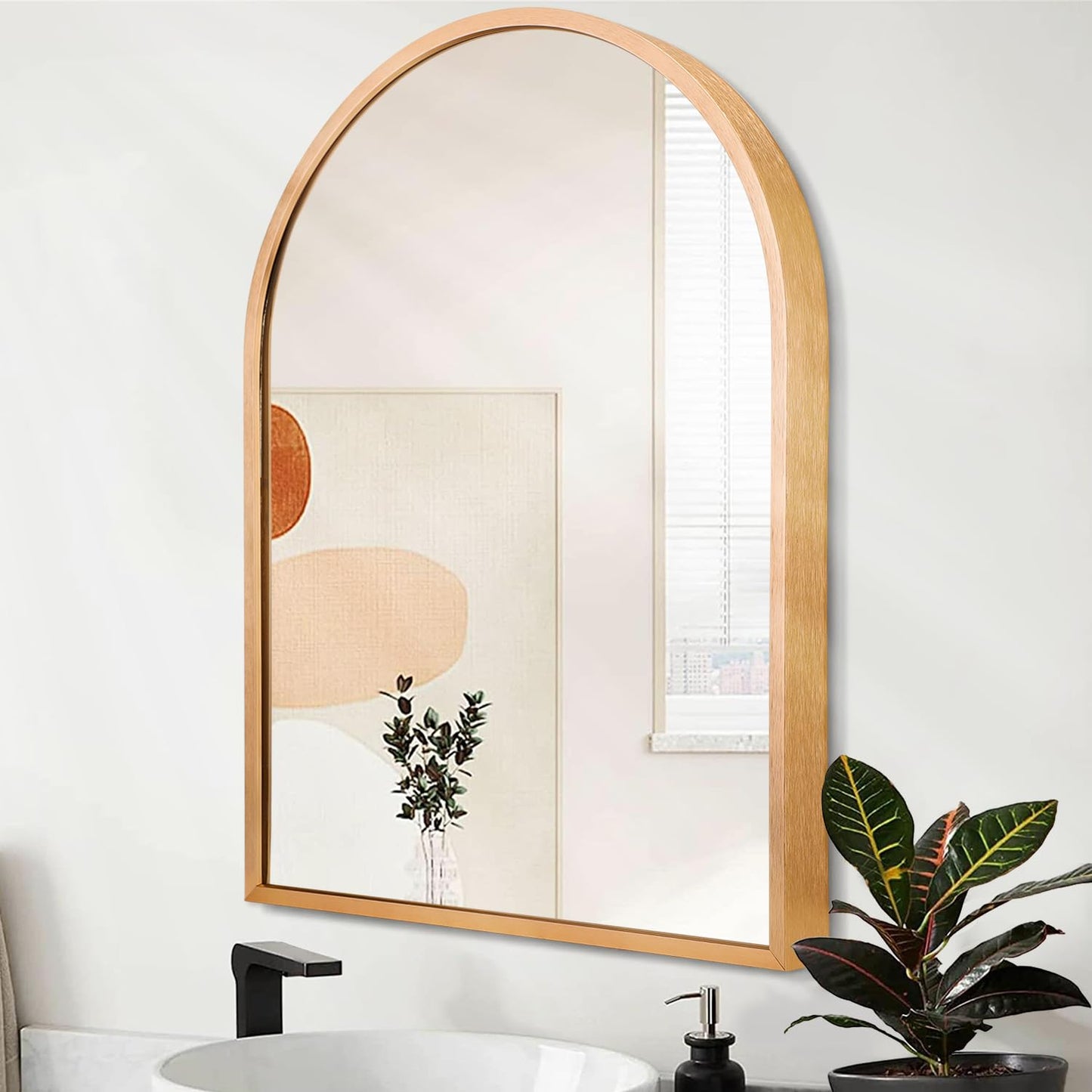 Arched Wall Mirror with Brushed Metal Frame for Bathroom & Entryway