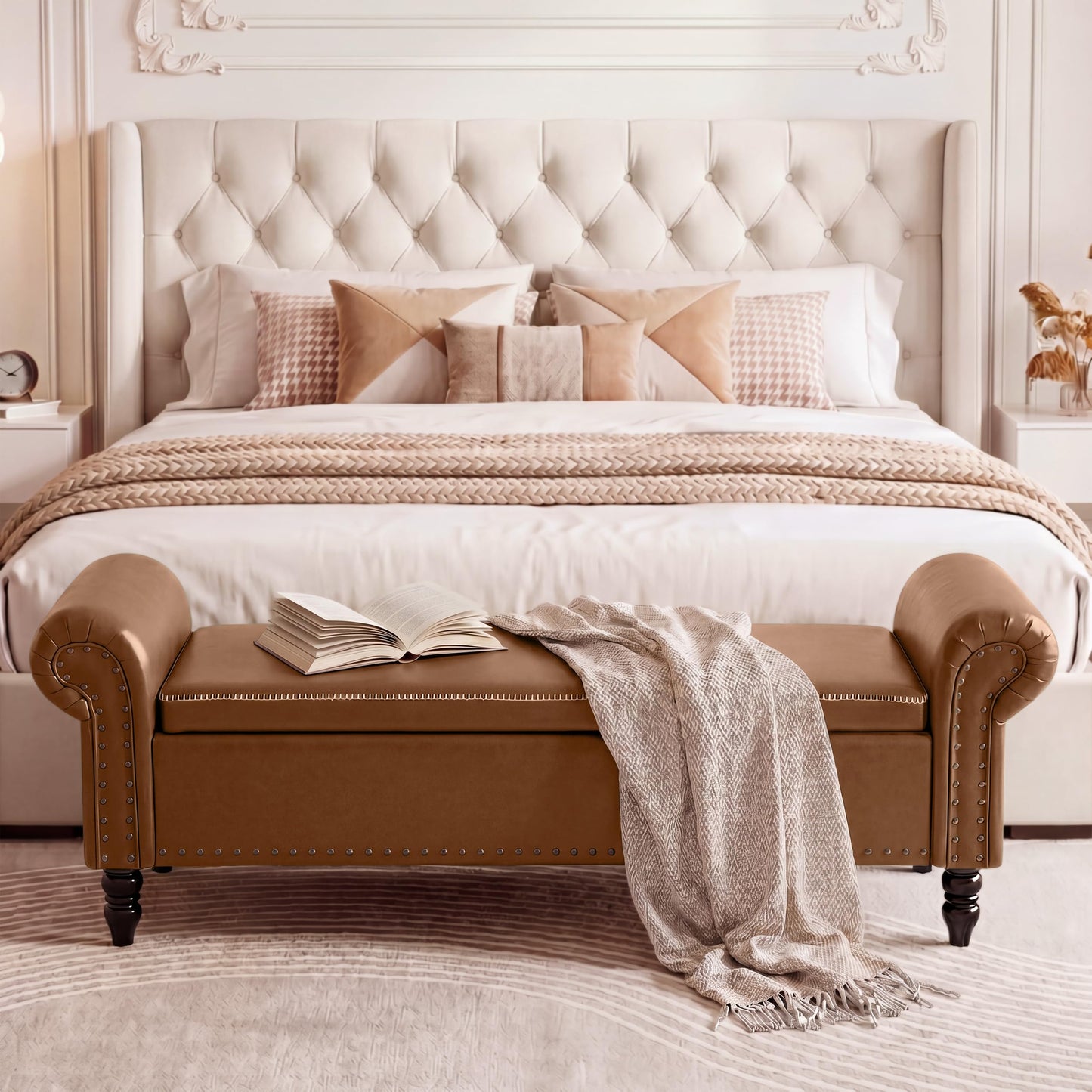 FiveWillowise 65 Inch Faux Leather Bedroom Bench with Storage