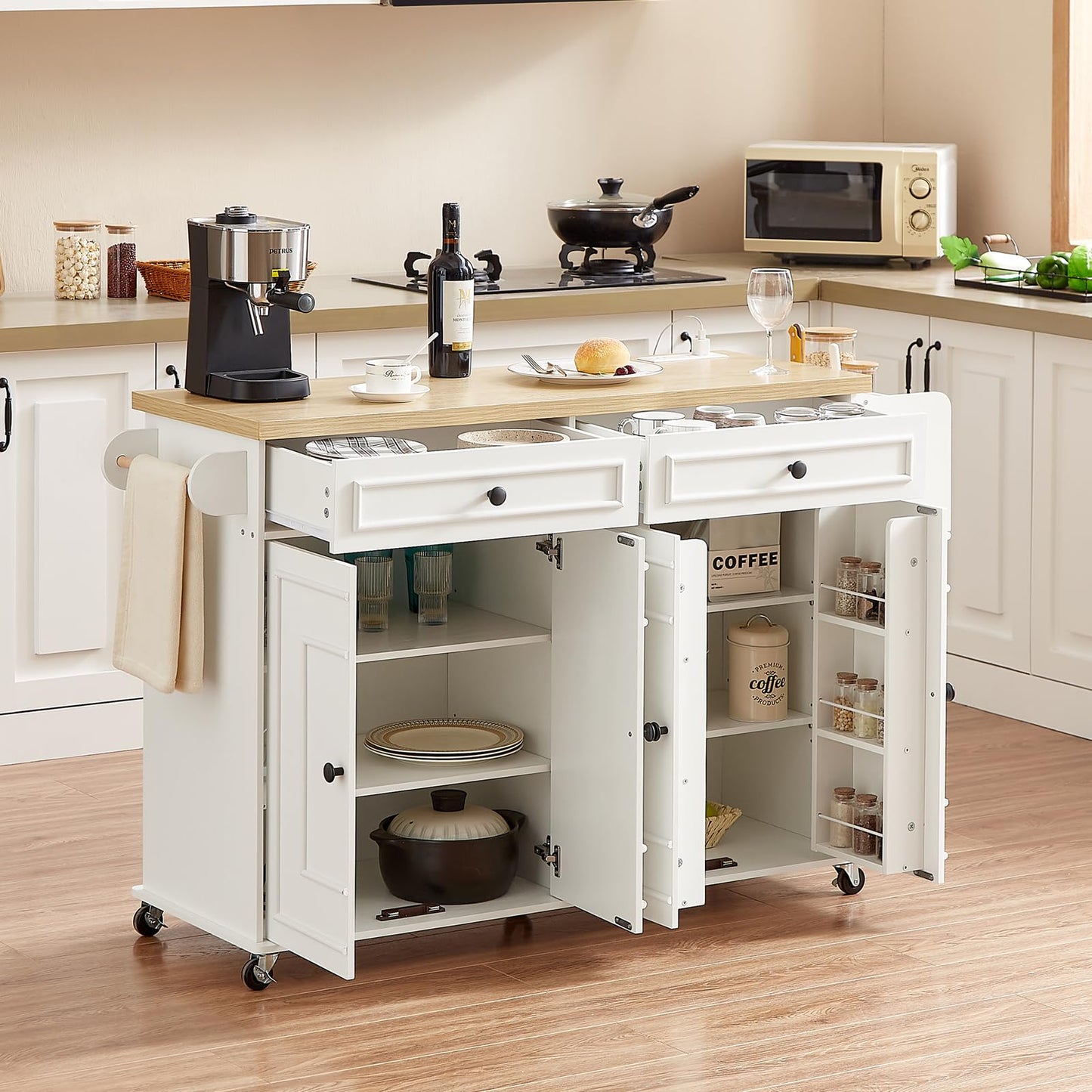 Mobile Kitchen Island Cart with Storage, Power Outlet & Spice Rack Organizer