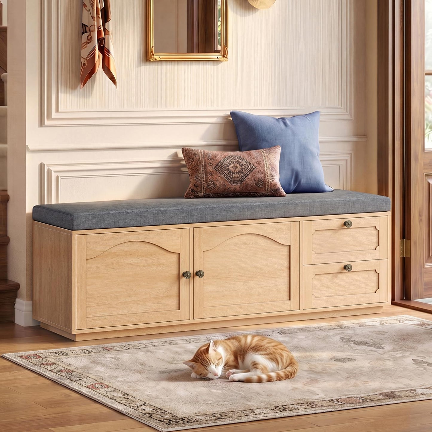 2-Tier Shoe Storage Bench with Drawer, Cushion & Adjustable Shelf for Entryway