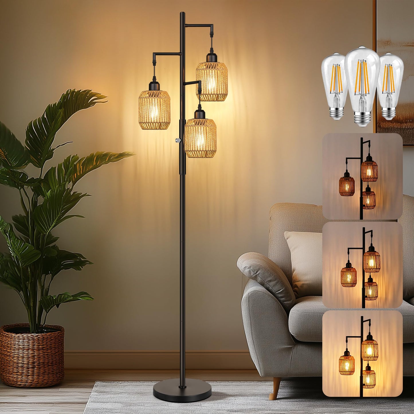 Dimmable Boho Floor Lamp with Rattan Shade for Living Room Decor