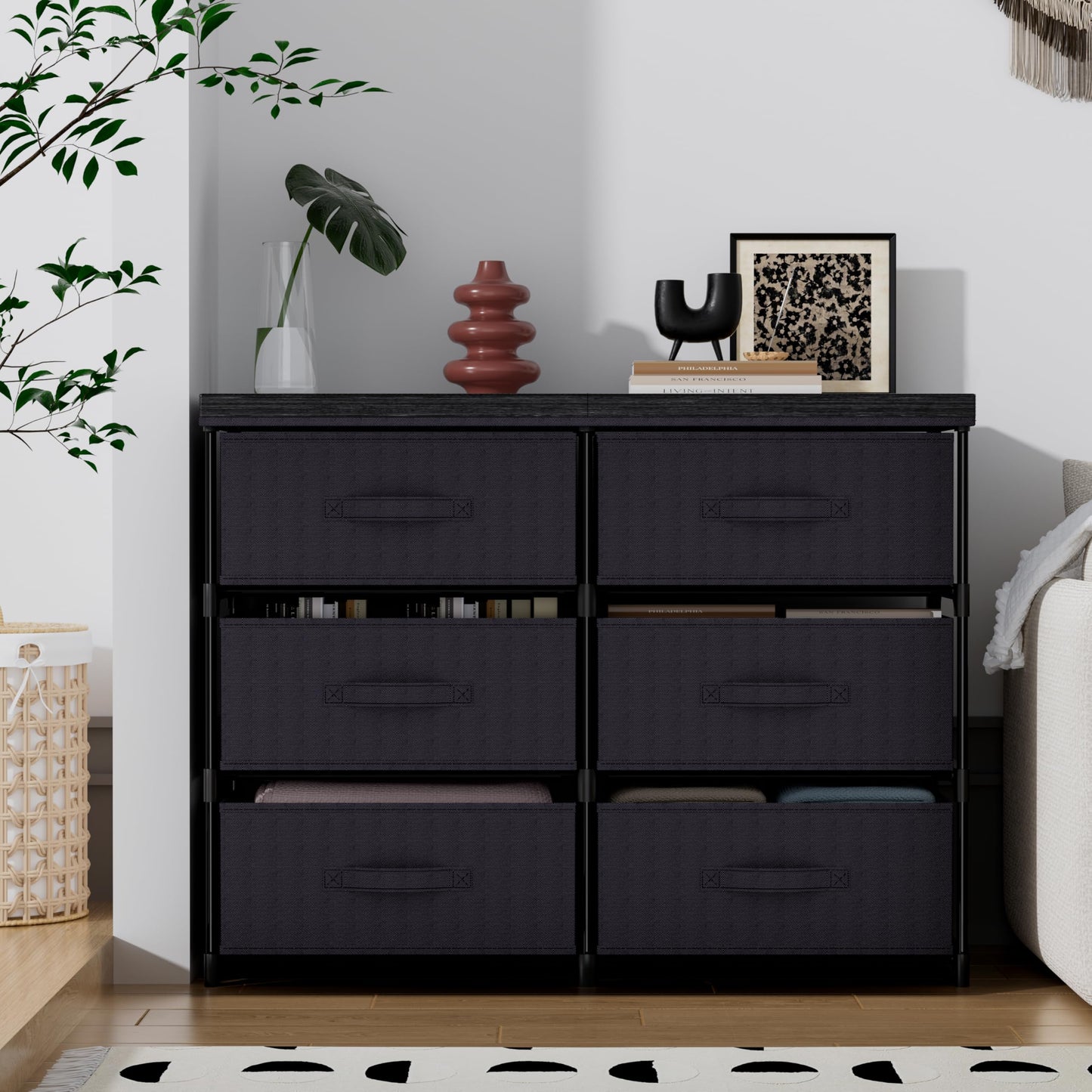 Metal Frame Storage Dresser with Fabric Drawers and Wood Top Shelf