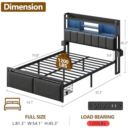 Upholstered Storage Bed Frame with LED Headboard & Charging Station