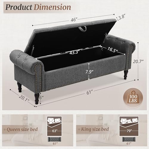 Linen Storage Bench with Rolled Arms and Tufted Design for Bedroom & Entryway