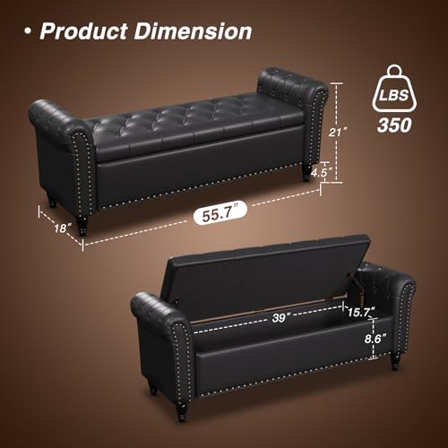 FiveWillowise 65 Inch Faux Leather Bedroom Bench with Storage