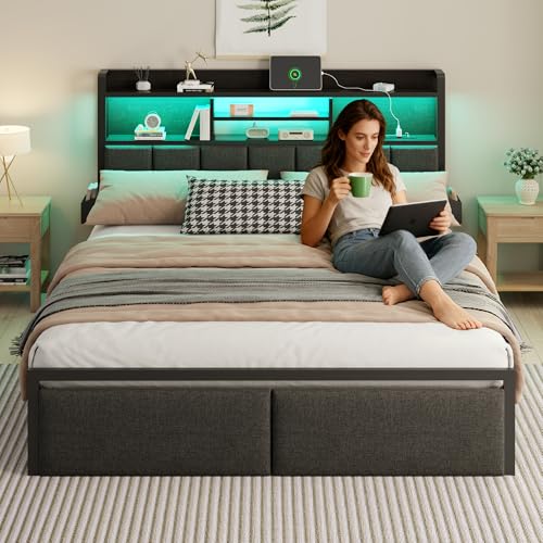 Upholstered Storage Bed Frame with LED Headboard & Charging Station