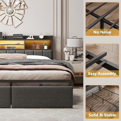 Upholstered Storage Bed Frame with LED Headboard & Charging Station