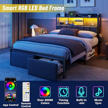 Upholstered Storage Bed Frame with LED Headboard & Charging Station