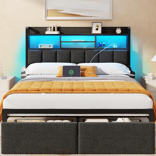 Upholstered Storage Bed Frame with LED Headboard & Charging Station