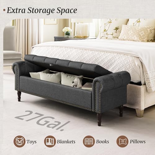 Linen Storage Bench with Rolled Arms and Tufted Design for Bedroom & Entryway