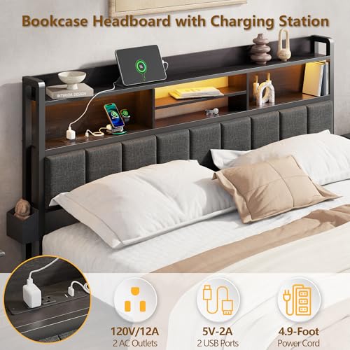 Upholstered Storage Bed Frame with LED Headboard & Charging Station