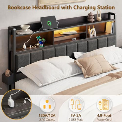 Upholstered Storage Bed Frame with LED Headboard & Charging Station