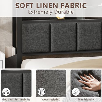 Upholstered Storage Bed Frame with LED Headboard & Charging Station
