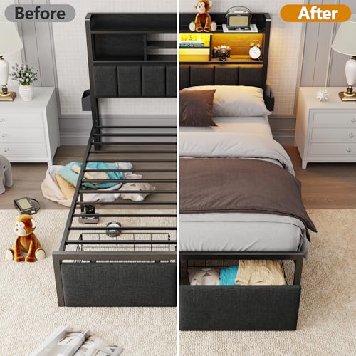 Upholstered Storage Bed Frame with LED Headboard & Charging Station