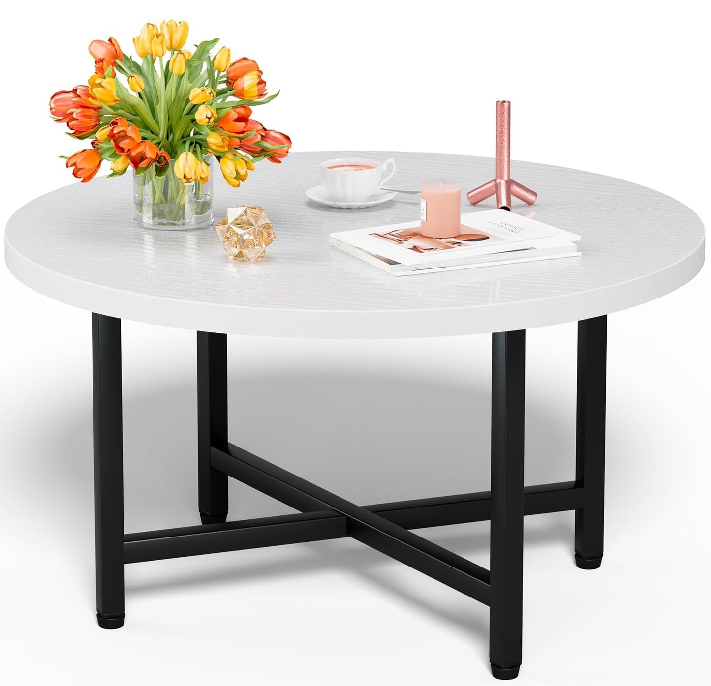 Round Coffee Table with Metal Frame for Living Room & Office