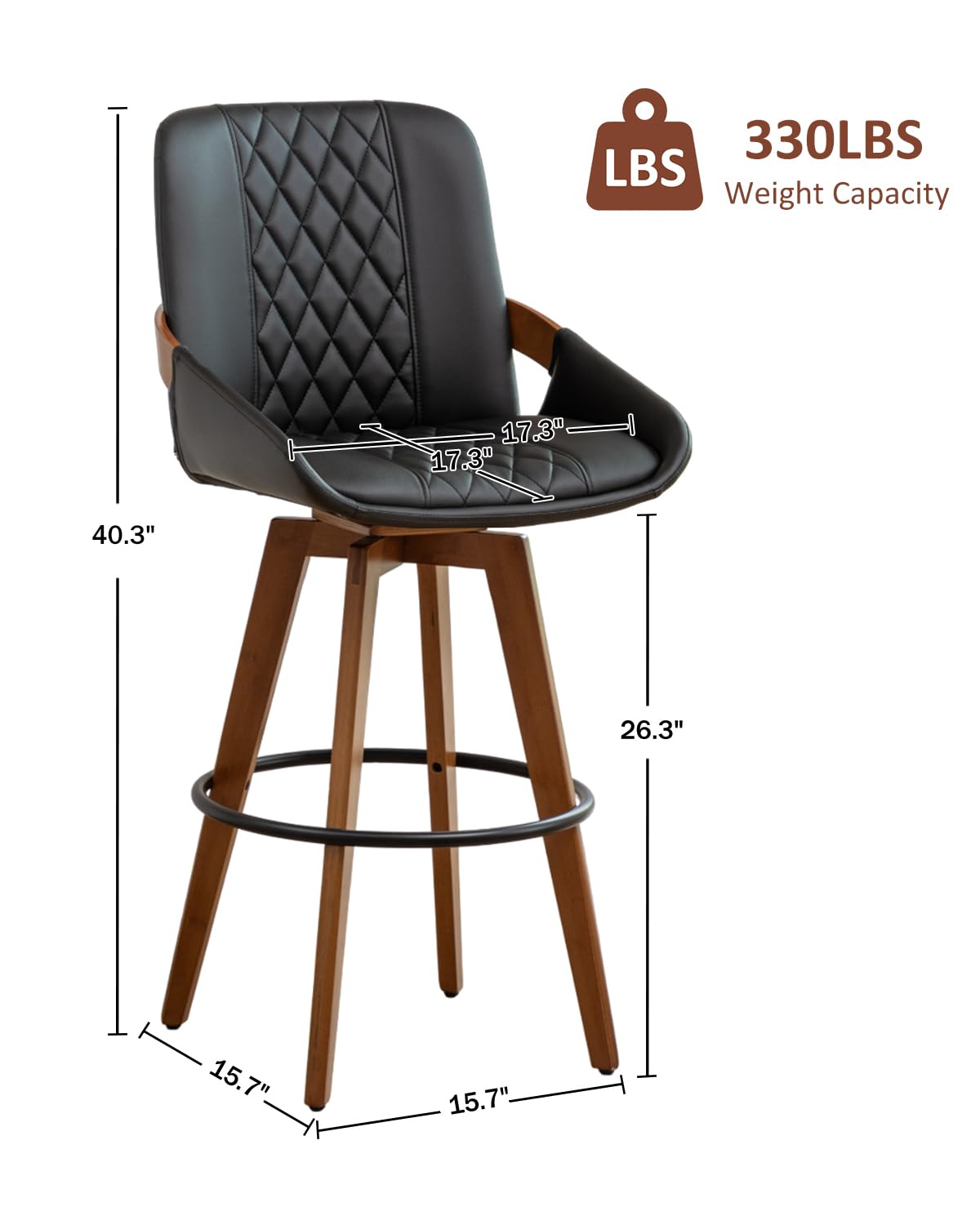 Mid Century Modern Swivel Bar Stools with Faux Leather Upholstery & Walnut Legs
