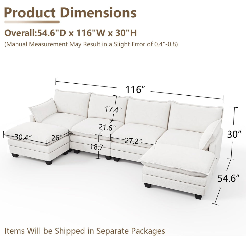 Modular U Shaped Sectional Sofa with Movable Ottoman & Pillows