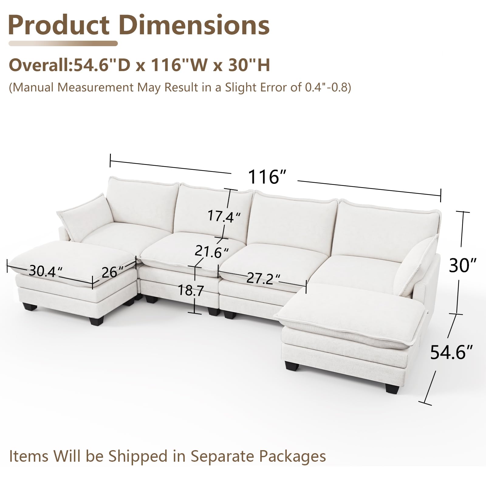 Modular U Shaped Sectional Sofa with Movable Ottoman & Pillows