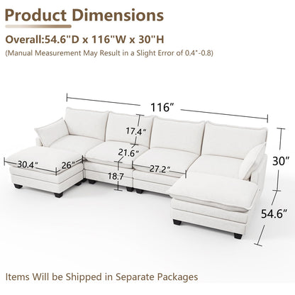 Modular U Shaped Sectional Sofa with Movable Ottoman & Pillows
