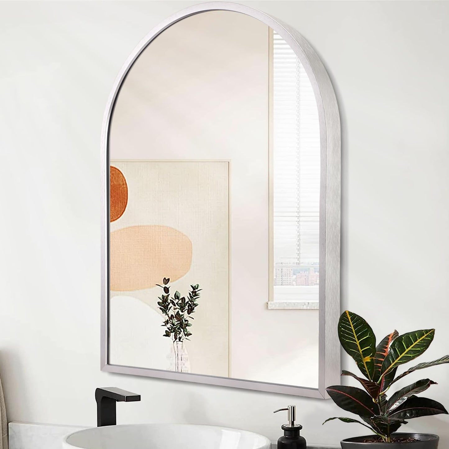 Arched Wall Mirror with Brushed Metal Frame for Bathroom & Entryway