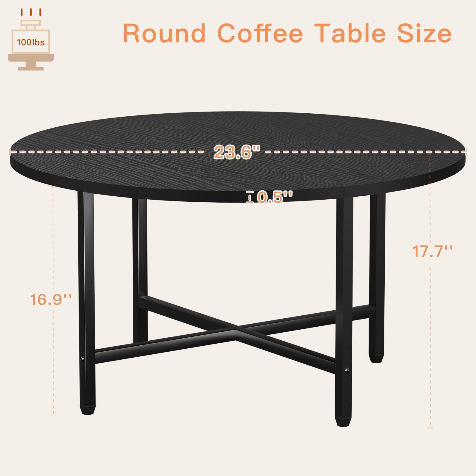 Round Coffee Table with Metal Frame for Living Room & Office