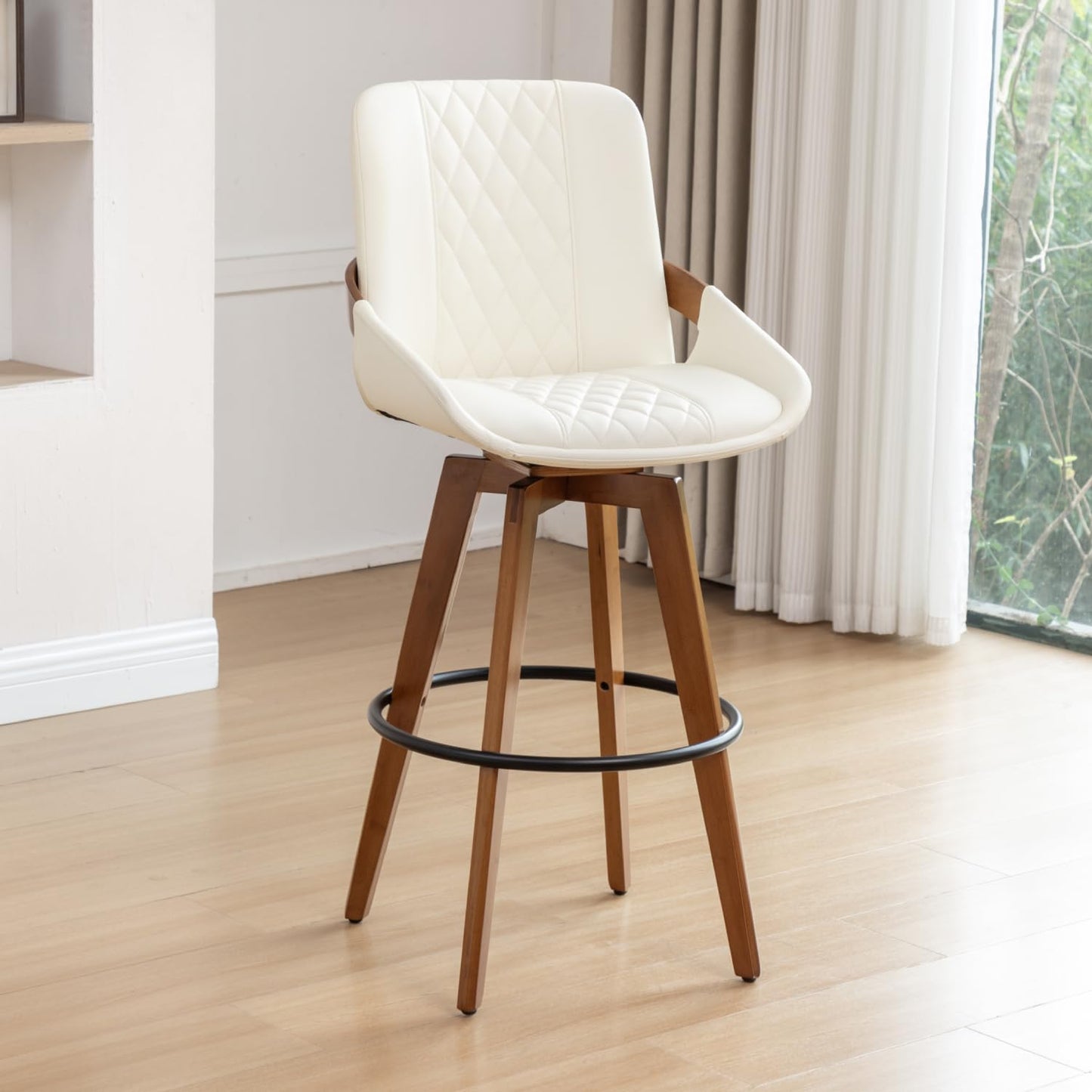 Mid Century Modern Swivel Bar Stools with Faux Leather Upholstery & Walnut Legs