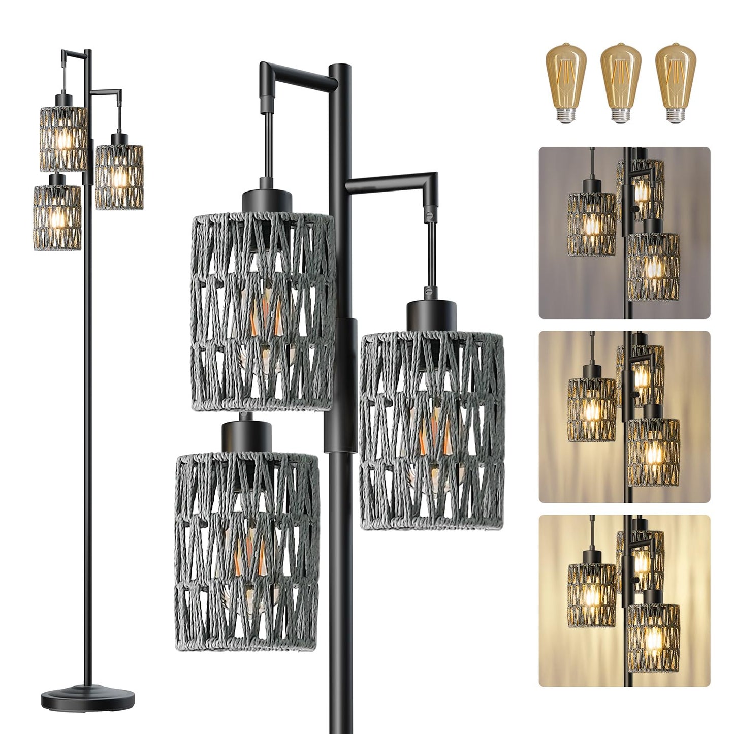 Industrial Boho Tall Floor Lamp for Living Room, Bedroom & Office