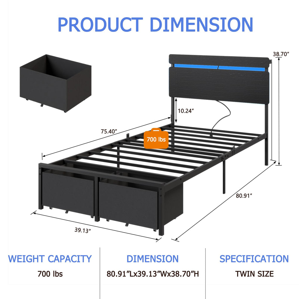 Forestell Bed Frame with Headboard, Platform Bed with 4 Storage Drawers
