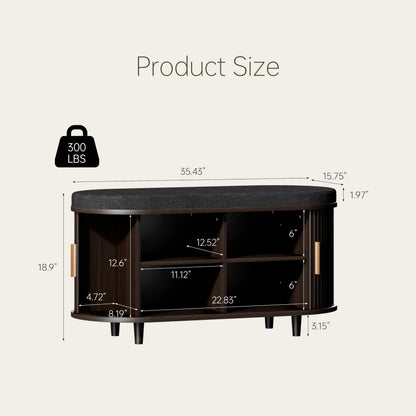 2-Tier Shoe Storage Bench with Padded Seat & Fluted Sliding Doors for Entryway