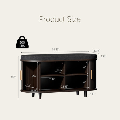 2-Tier Shoe Storage Bench with Padded Seat & Fluted Sliding Doors for Entryway