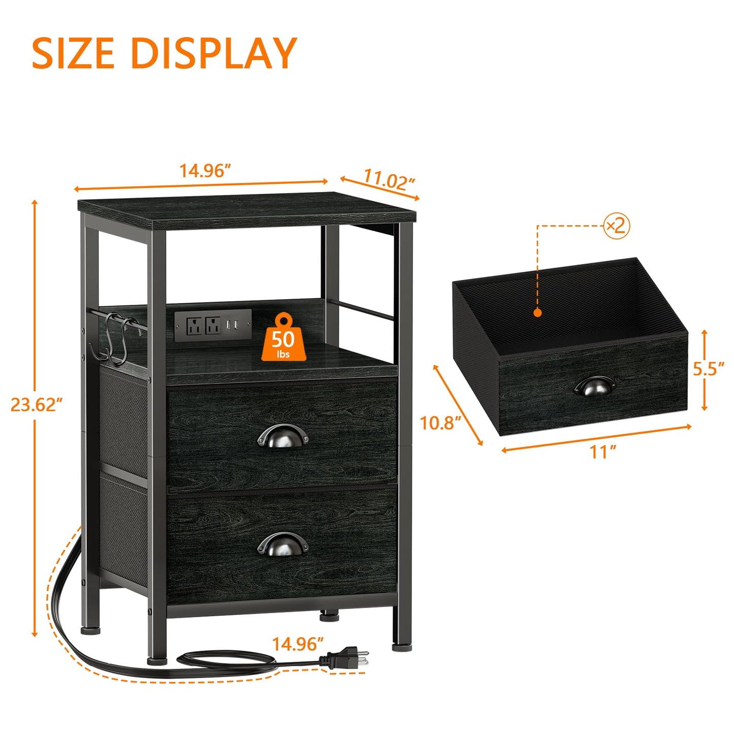 Furologee Nightstands Set of 2 with Charging Station