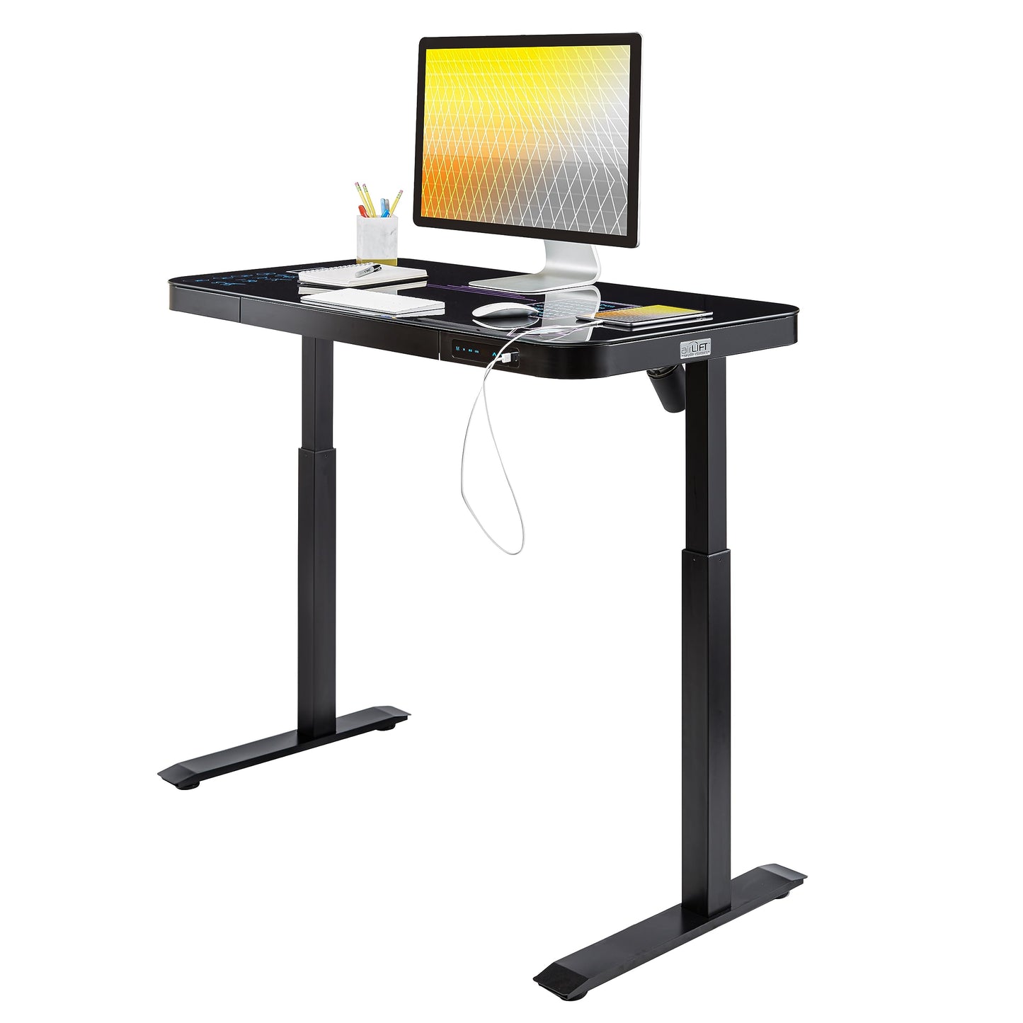 Seville Classics Airlift Electric Height Adjustable Desk with Tempered Glass Top