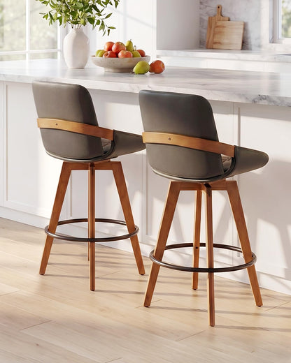 Mid Century Modern Swivel Bar Stools with Faux Leather Upholstery & Walnut Legs