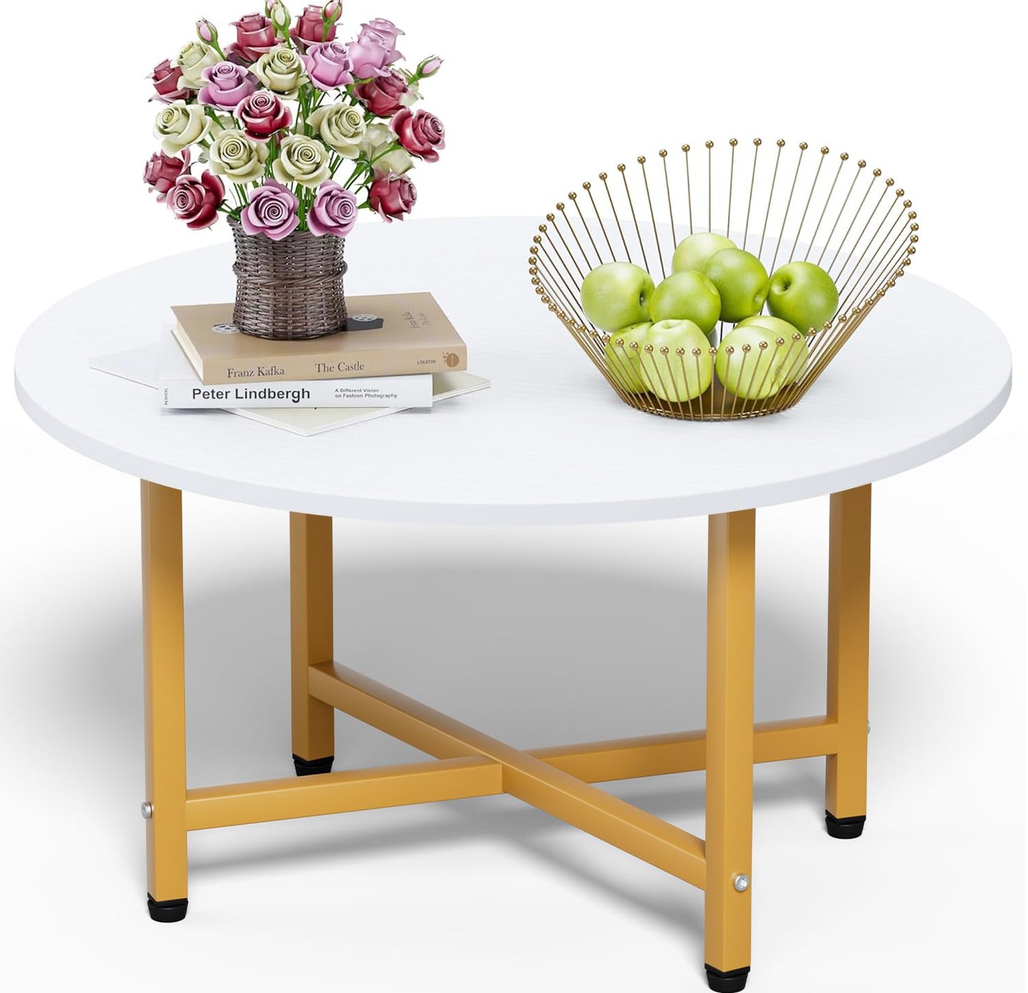 Round Coffee Table with Metal Frame for Living Room & Office