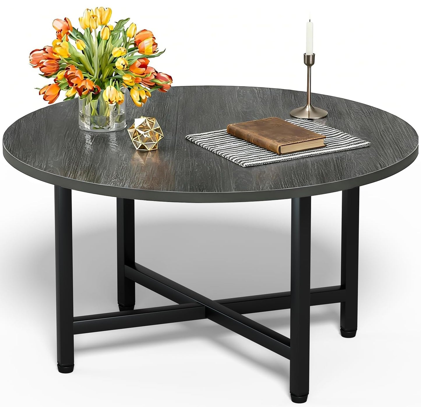 Round Coffee Table with Metal Frame for Living Room & Office