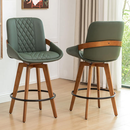Mid Century Modern Swivel Bar Stools with Faux Leather Upholstery & Walnut Legs