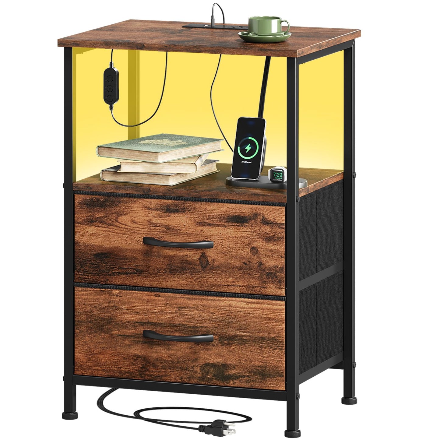 Somdot Nightstands with Charging Station & LED Light