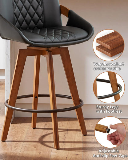 Mid Century Modern Swivel Bar Stools with Faux Leather Upholstery & Walnut Legs