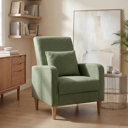 Mid Century Modern Upholstered Accent Chair with Wood Legs & Pillow