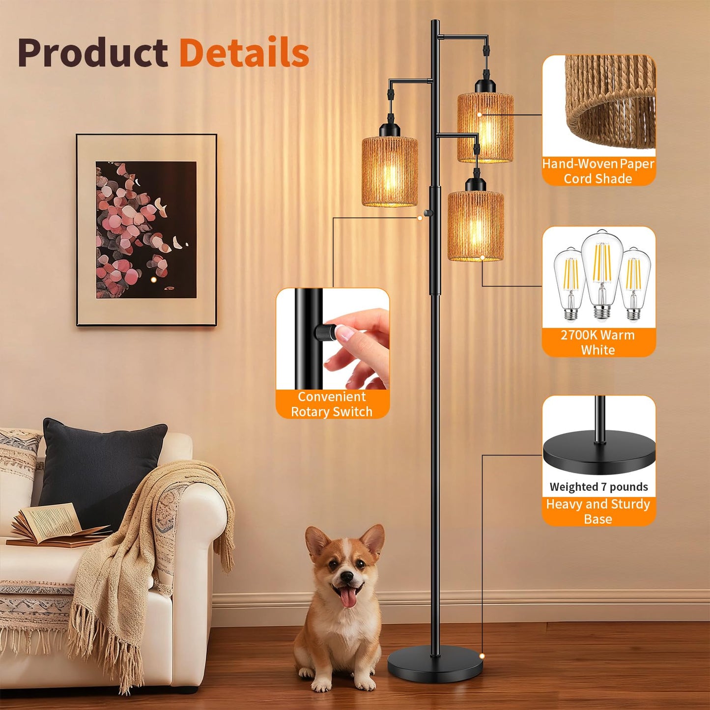 Hotsonic 72" Tall Boho Floor Lamp-Black
