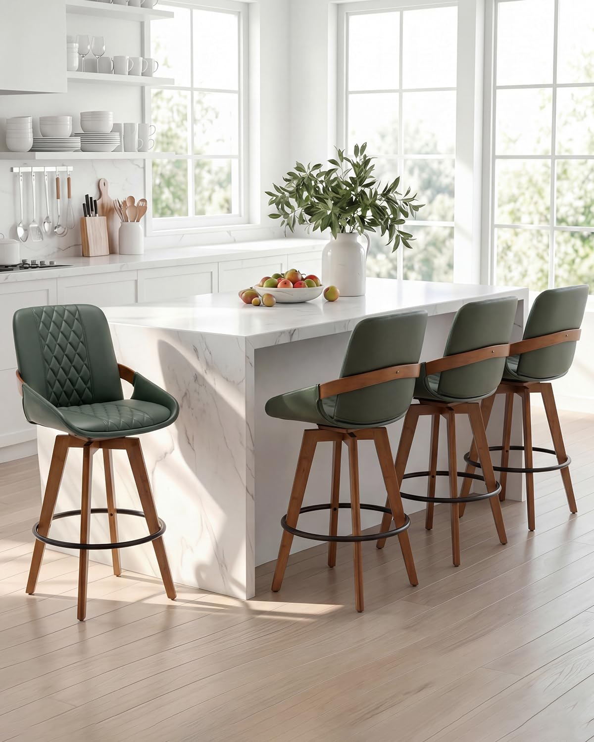 Mid Century Modern Swivel Bar Stools with Faux Leather Upholstery & Walnut Legs
