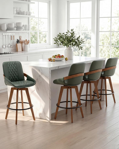 Mid Century Modern Swivel Bar Stools with Faux Leather Upholstery & Walnut Legs