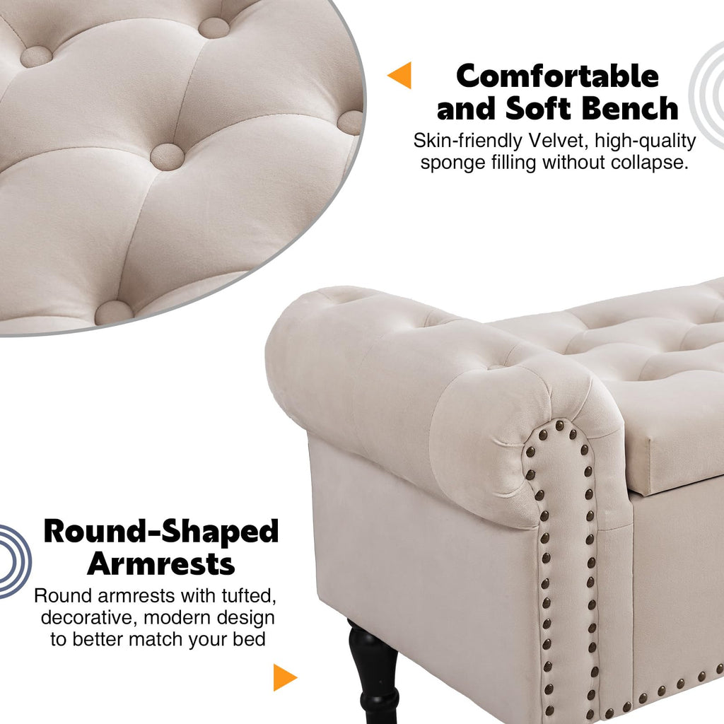 Velvet Tufted Storage Bench with Arms for Bedroom & Entryway