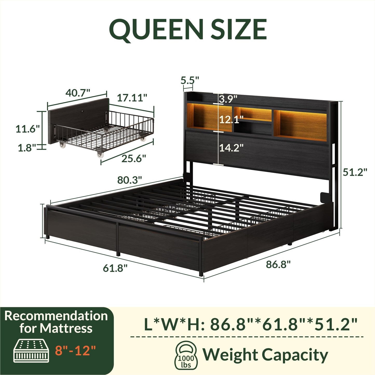 Wooden Platform Bed Frame with Storage Drawers, LED Headboard & Charging Station