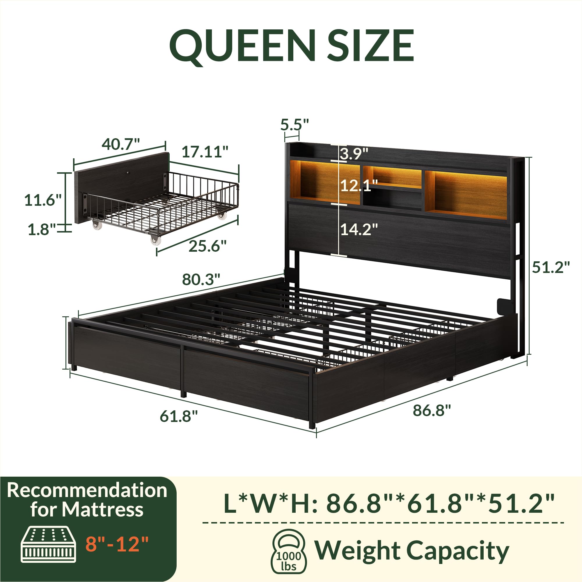 Wooden Platform Bed Frame with Storage Drawers, LED Headboard & Charging Station