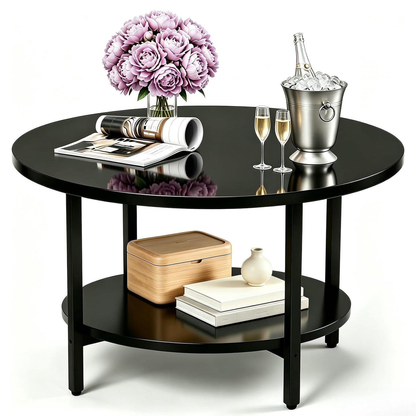 Round Coffee Table with Metal Frame for Living Room & Office