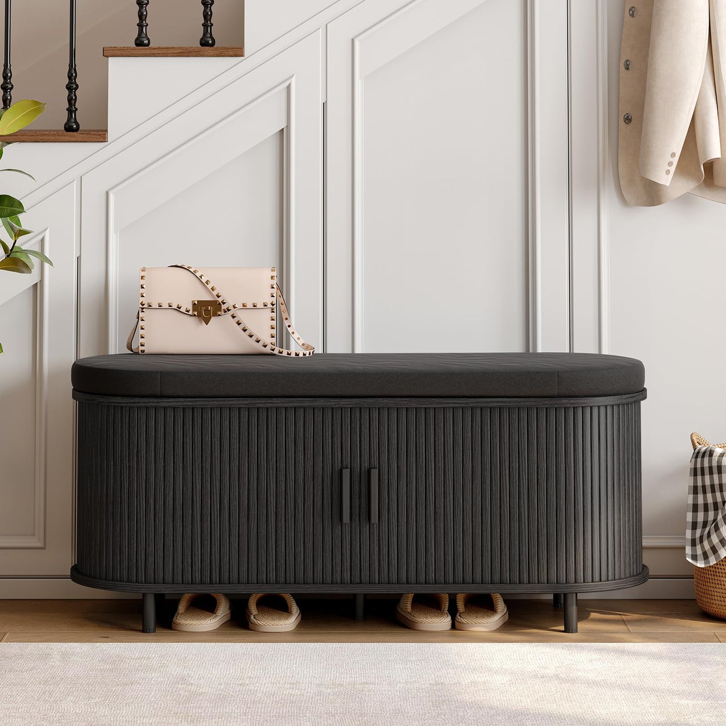Fluted Shoe Storage Bench with Cushion, Sliding Door & Adjustable Shelf for Entryway