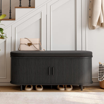 Fluted Shoe Storage Bench with Cushion, Sliding Door & Adjustable Shelf for Entryway
