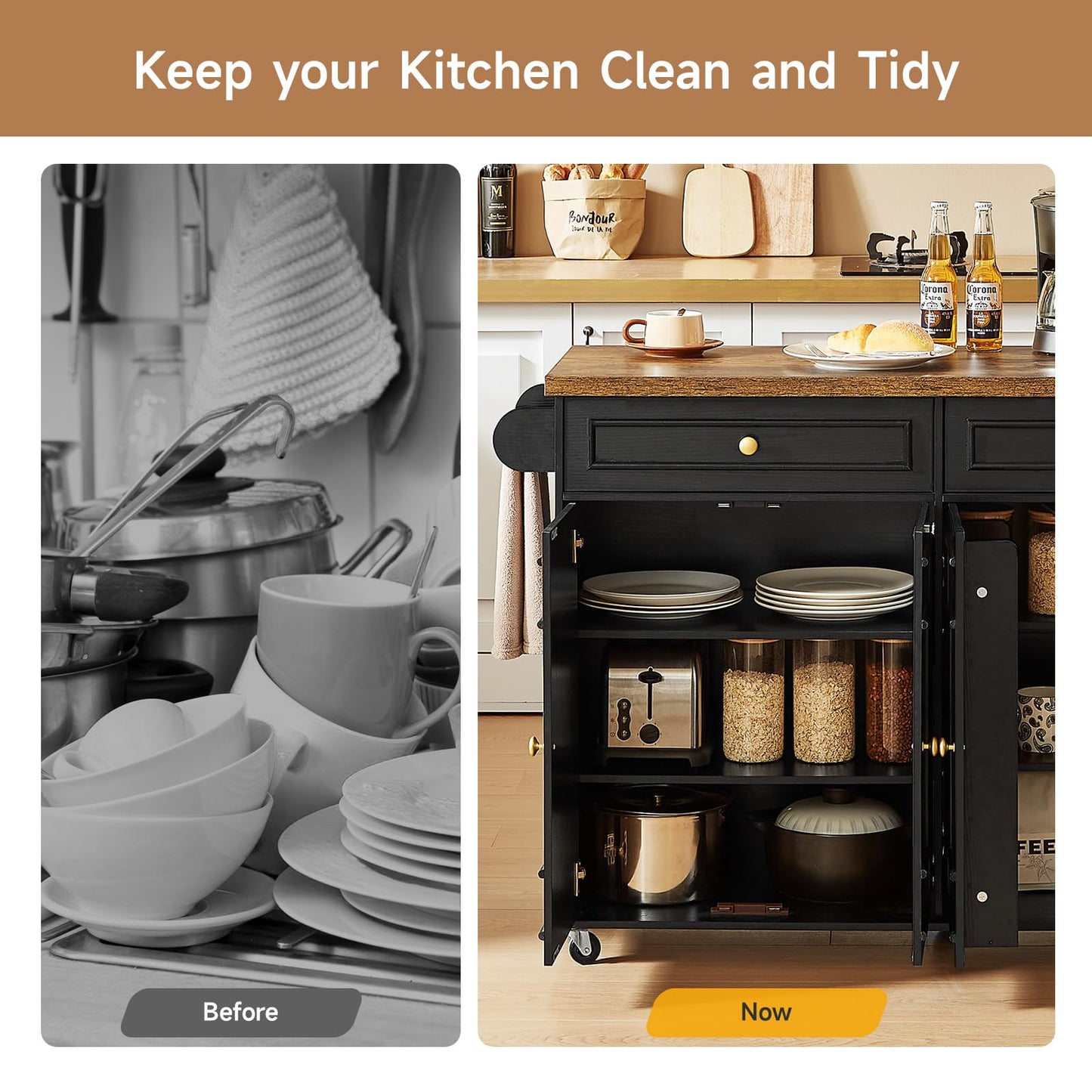 Mobile Kitchen Island Cart with Storage, Power Outlet & Spice Rack Organizer
